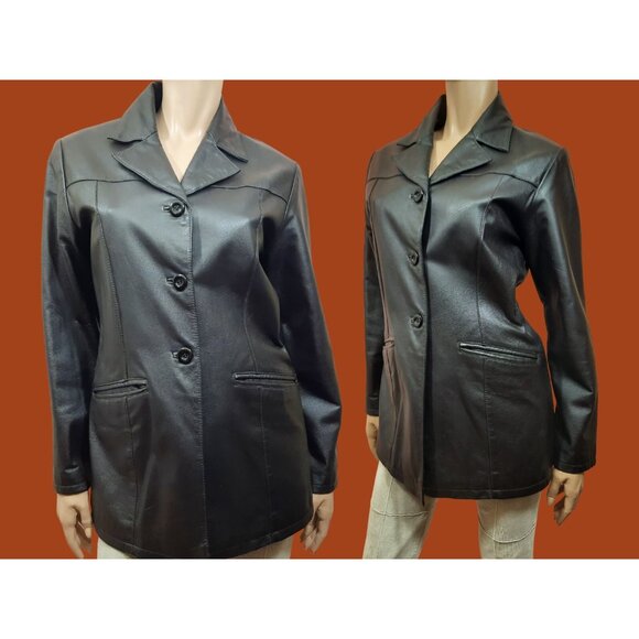 Vintage 90s Y2k Leather Jacket Dark Brown Mid Length Size S Button Up - Picture 2 of 12